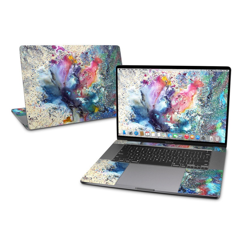 MacBook Pro 2019 16-inch Skin design of Watercolor paint, Painting, Acrylic paint, Art, Modern art, Paint, Visual arts, Space, Colorfulness, Illustration, with gray, black, blue, red, pink colors