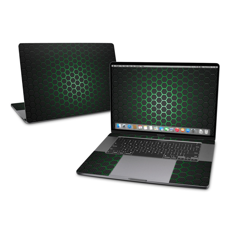 MacBook Pro 2019 16-inch Skin design of Pattern, Metal, Design, Carbon, Space, Circle with black, gray, green colors