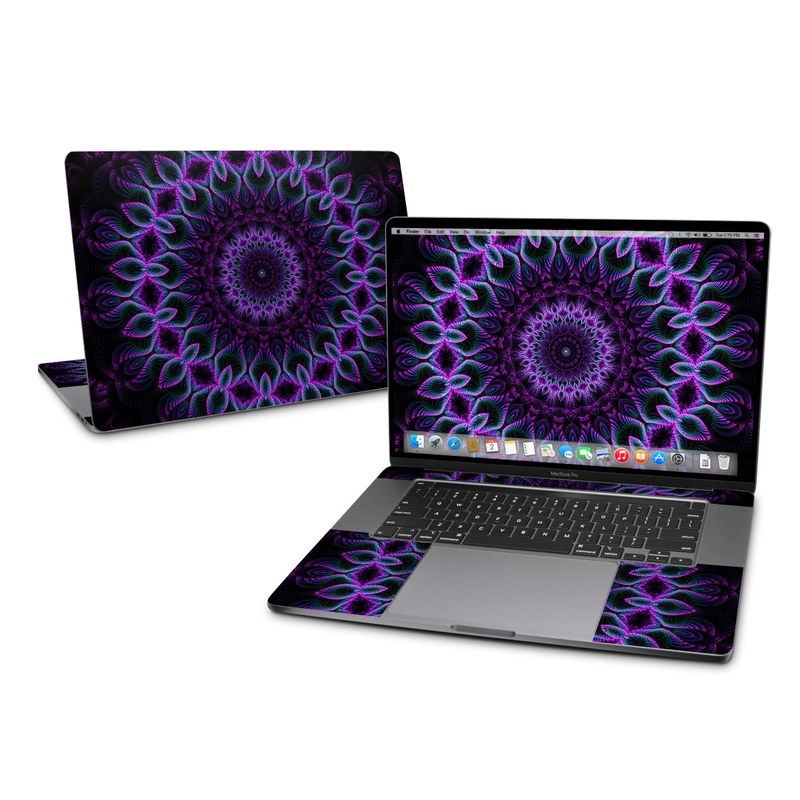 MacBook Pro 2019 16-inch Skin design of Colorfulness, Pattern, Purple, Violet, Magenta, Red, Pink, Art, Fractal Art, Visual Arts, Design, Circle, Symmetry, Psychedelic Art, Motif, Kaleidoscope, Graphics with black, purple, blue, white colors