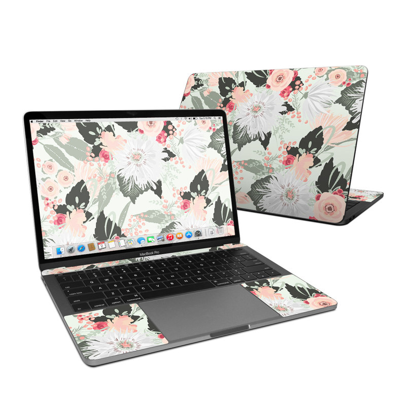 MacBook Pro Pre 2020 13-inch Skin design of Pattern, Pink, Floral design, Design, Textile, Wrapping paper, Plant, Peach, Flower, with green, red, white, pink colors