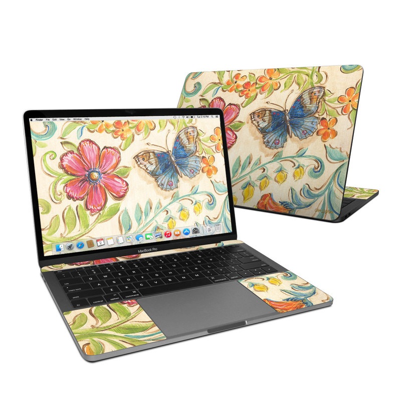 MacBook Pro Pre 2020 13-inch Skin design of Butterfly, Moths and butterflies, Insect, Pollinator, Plant, Pattern, Watercolor paint, Wildflower, Visual arts, Brush-footed butterfly with gray, pink, green, red, orange, blue colors