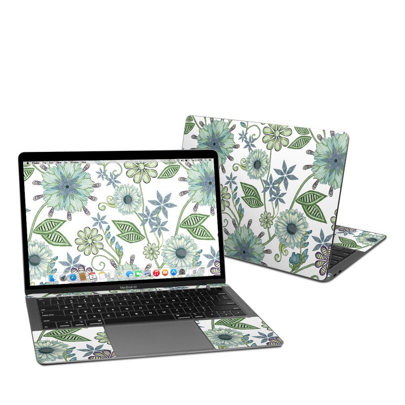 MacBook Air Pre 2020 13-inch Skin design of Green, Pattern, Flower, Botany, Plant, Leaf, Design, Wildflower with white, green, blue colors