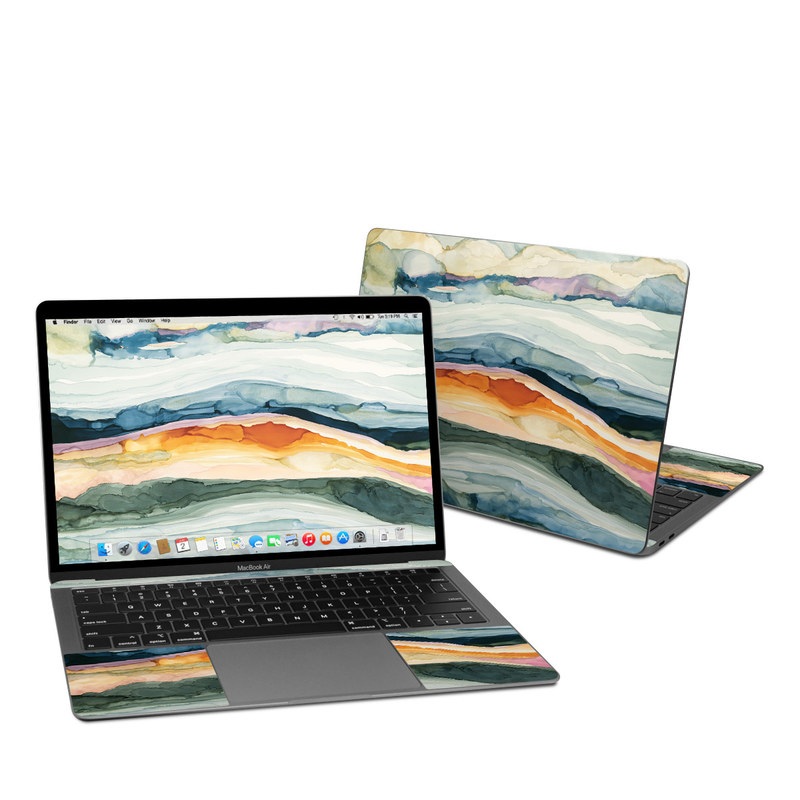 MacBook Air Pre 2020 13-inch Skin design of Watercolor paint, Painting, Sky, Wave, Geology, Landscape, Pattern, Acrylic paint, Cloud, Paint with blue, purple, orange, yellow, red, green, brown colors