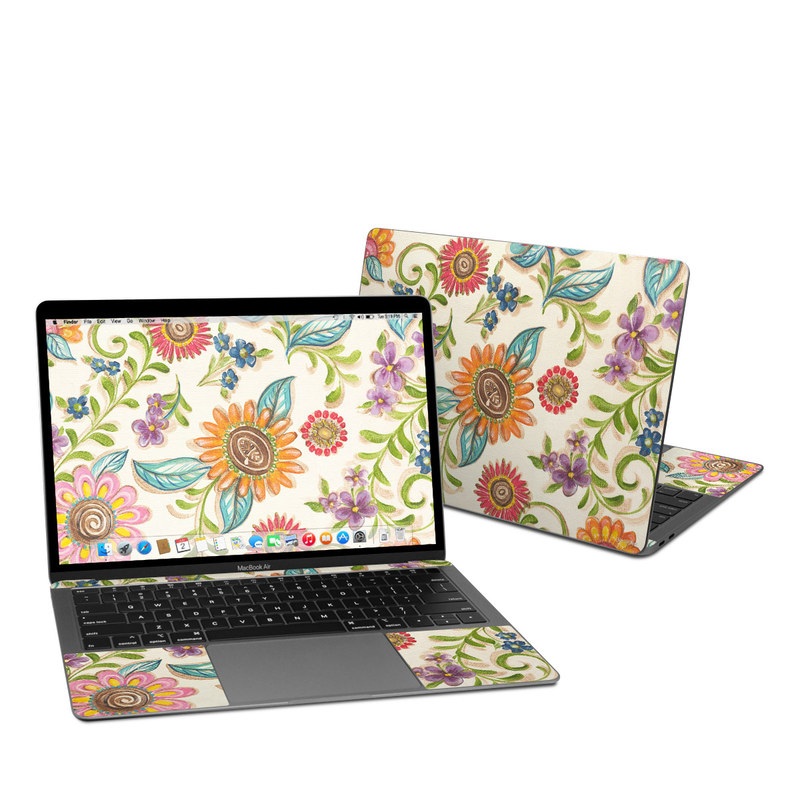MacBook Air Pre 2020 13-inch Skin design of Pattern, Floral design, Flower, Botany, Design, Visual arts, Textile, Plant, Wildflower, Pedicel with gray, green, pink, yellow, red, blue colors