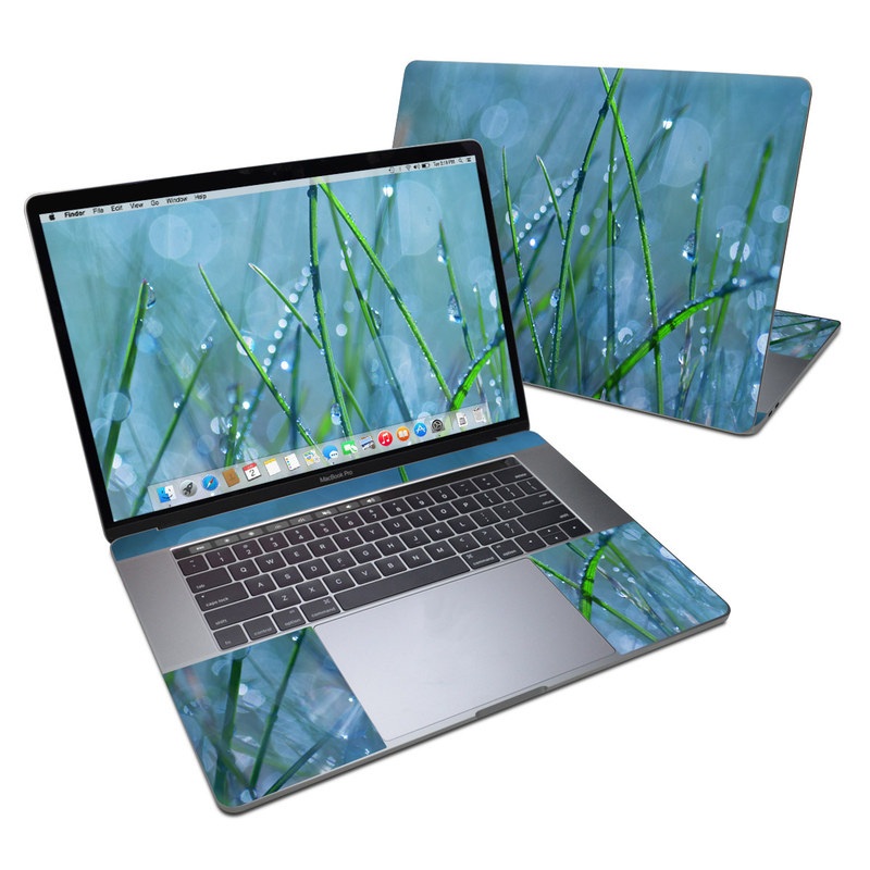 MacBook Pro 15-inch Skin design of Moisture, Dew, Water, Green, Grass, Plant, Drop, Grass family, Macro photography, Close-up with blue, black, green, gray colors