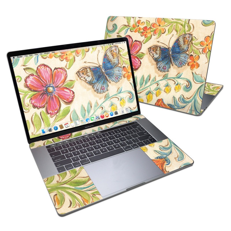 MacBook Pro 15-inch Skin design of Butterfly, Moths and butterflies, Insect, Pollinator, Plant, Pattern, Watercolor paint, Wildflower, Visual arts, Brush-footed butterfly with gray, pink, green, red, orange, blue colors