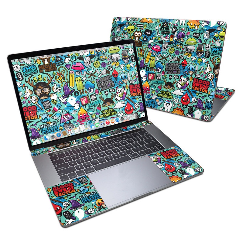 MacBook Pro 15-inch Skin design of Cartoon, Art, Pattern, Design, Illustration, Visual arts, Doodle, Psychedelic art with black, blue, gray, red, green colors