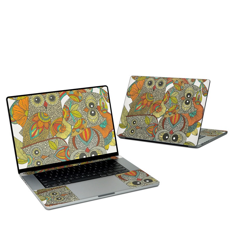MacBook Pro 16-inch Skin design of Owl, Pattern, Visual arts, Art, Design, Textile, Illustration, Motif, Bird, with white, green, orange, yellow, blue, red colors
