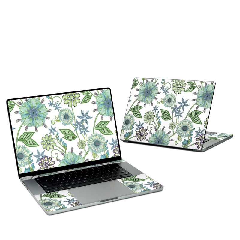MacBook Pro 16-inch Skin design of Green, Pattern, Flower, Botany, Plant, Leaf, Design, Wildflower with white, green, blue colors