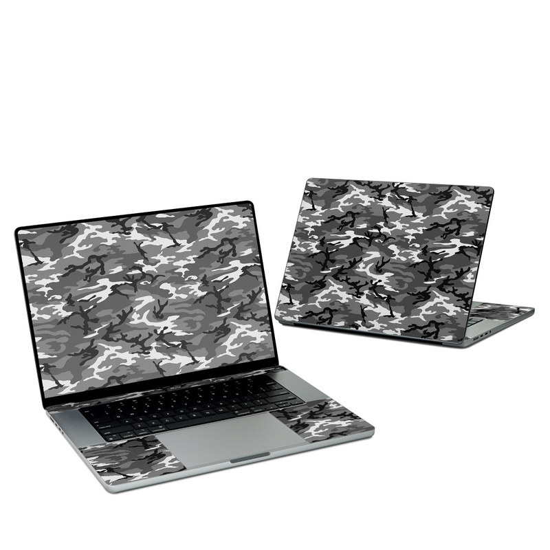 MacBook Pro 16-inch Skin design of Military camouflage, Pattern, Clothing, Camouflage, Uniform, Design, Textile with black, gray colors