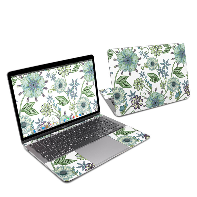 MacBook Air 13-inch Skin design of Green, Pattern, Flower, Botany, Plant, Leaf, Design, Wildflower with white, green, blue colors