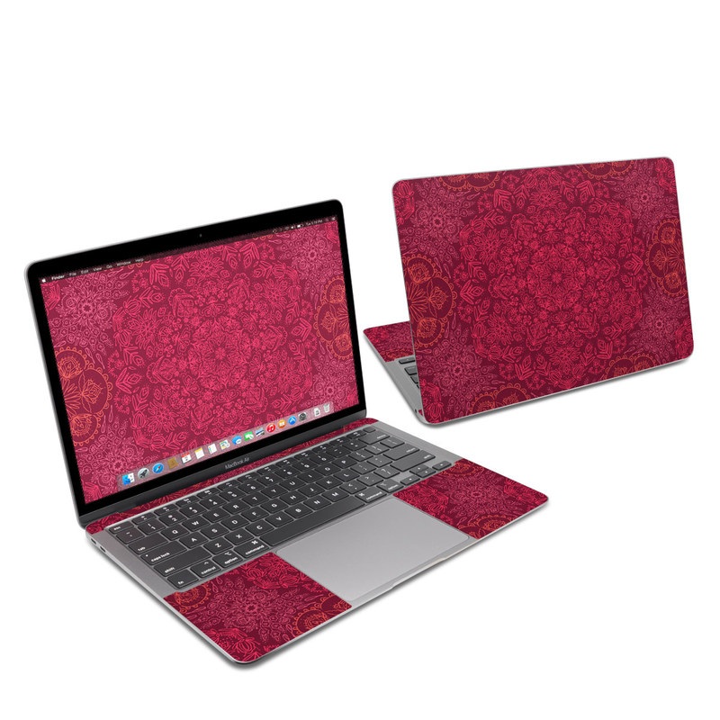 MacBook Air 2020 13-inch Skin design of Red, Pattern, Pink, Magenta, Purple, Maroon, Violet, Textile, Design, Wallpaper, with red, black colors