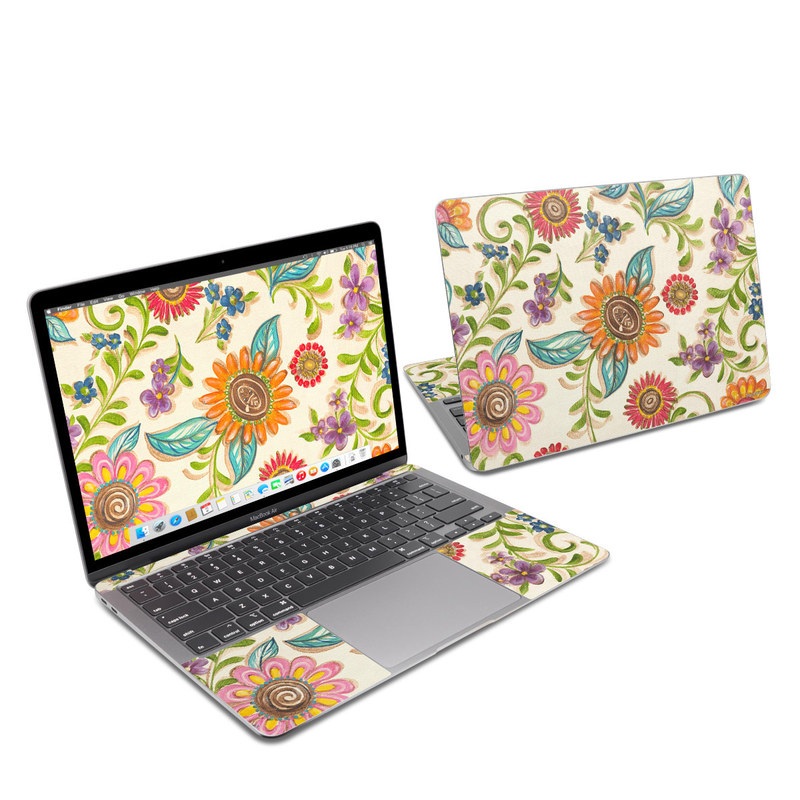 MacBook Air 2020 13-inch Skin design of Pattern, Floral design, Flower, Botany, Design, Visual arts, Textile, Plant, Wildflower, Pedicel with gray, green, pink, yellow, red, blue colors