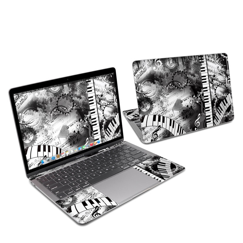 MacBook Air 2020 13-inch Skin design of Music, Monochrome, Black-and-white, Illustration, Graphic design, Musical instrument, Technology, Musical keyboard, Piano, Electronic instrument, with black, gray, white colors