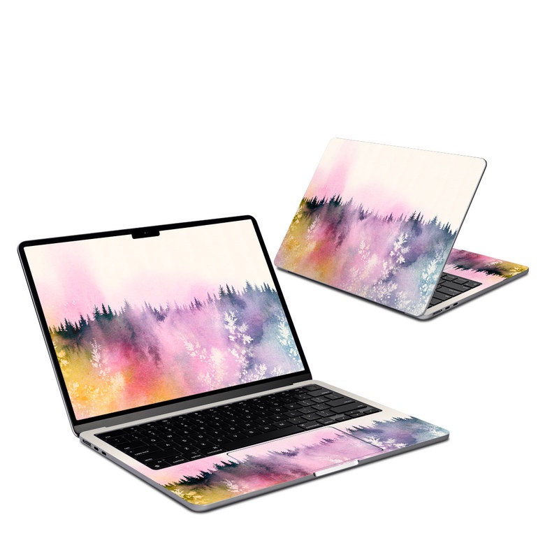 MacBook Air 13-inch Skin design of Watercolor paint, Sky, Atmospheric phenomenon, Tree, Atmosphere, Cloud, Landscape, Forest, Painting, Illustration, with white, yellow, pink, purple, blue, black colors