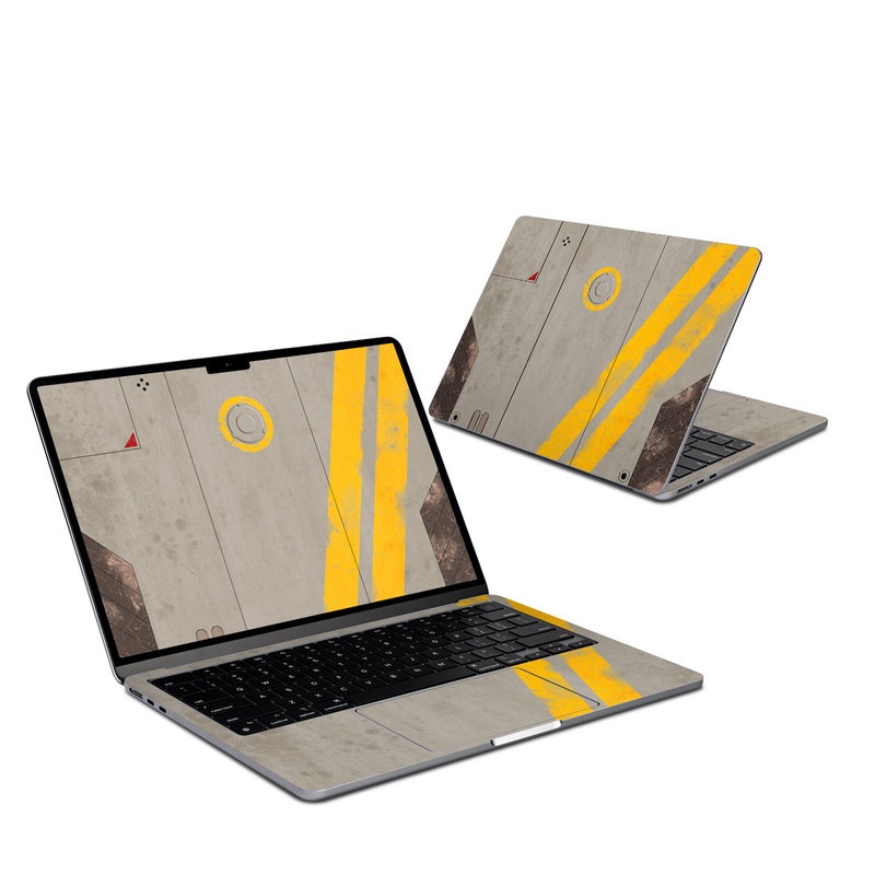 MacBook Air 13-inch Skin design of Yellow, Wall, Line, Orange, Design, Concrete, Font, Architecture, Parallel, Wood, with gray, yellow, red, black colors