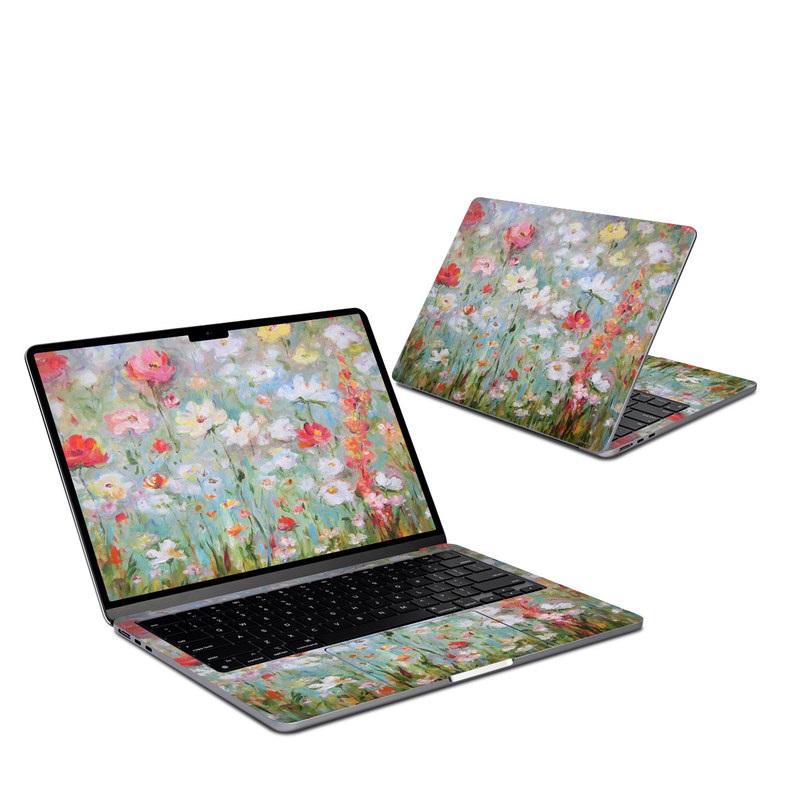 MacBook Air 13-inch Skin design of Flower, Painting, Watercolor paint, Plant, Modern art, Wildflower, Botany, Meadow, Acrylic paint, Flowering plant, with gray, black, green, red, blue colors