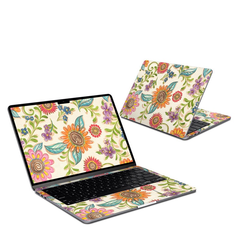 MacBook Air 13-inch Skin design of Pattern, Floral design, Flower, Botany, Design, Visual arts, Textile, Plant, Wildflower, Pedicel with gray, green, pink, yellow, red, blue colors