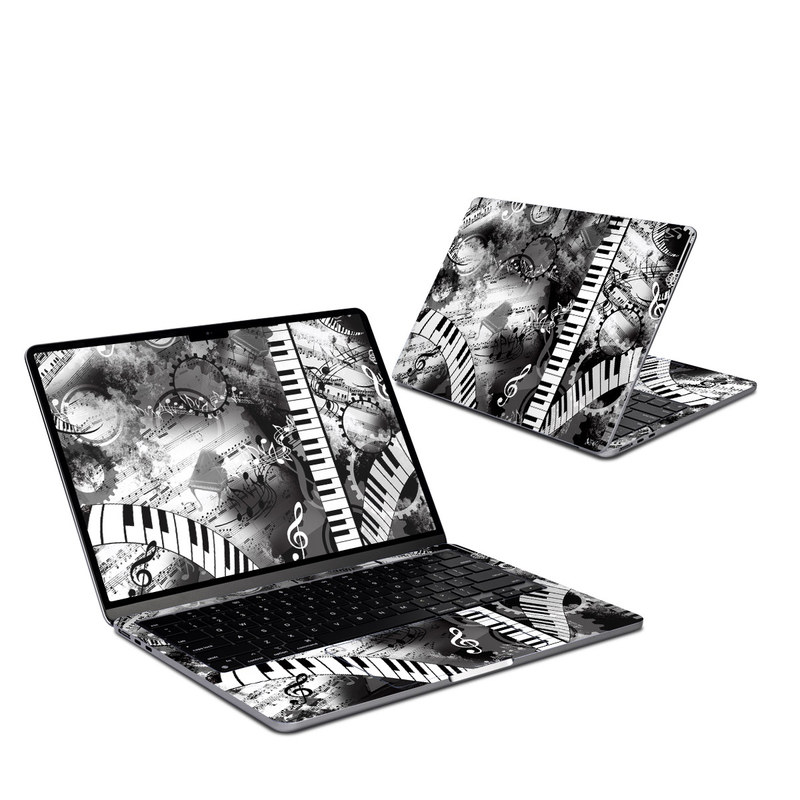MacBook Air 13-inch Skin design of Music, Monochrome, Black-and-white, Illustration, Graphic design, Musical instrument, Technology, Musical keyboard, Piano, Electronic instrument, with black, gray, white colors