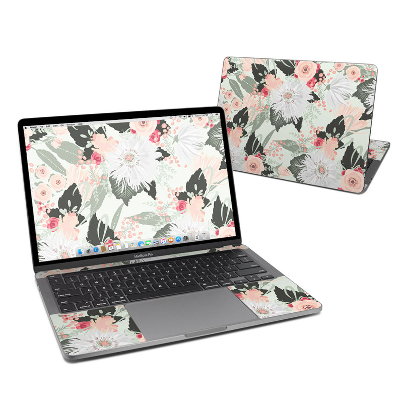 MacBook Pro 13-inch Skin design of Pattern, Pink, Floral design, Design, Textile, Wrapping paper, Plant, Peach, Flower with green, red, white, pink colors