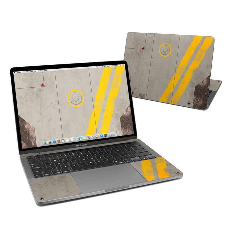 MacBook Pro 13-inch Skin design of Yellow, Wall, Line, Orange, Design, Concrete, Font, Architecture, Parallel, Wood with gray, yellow, red, black colors