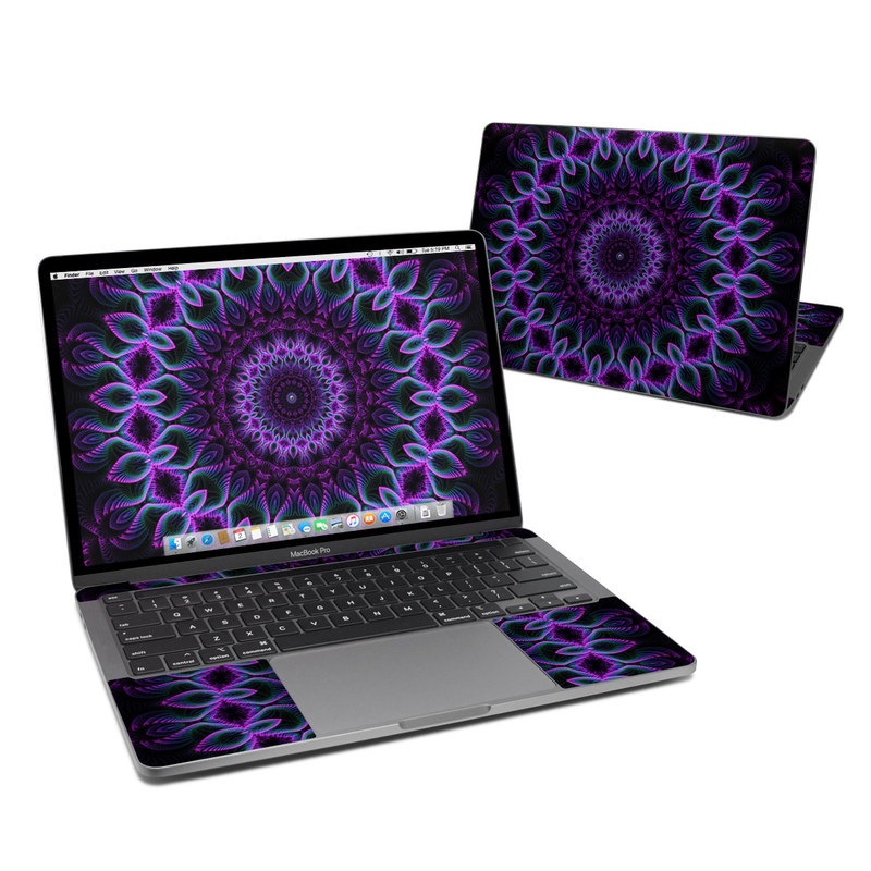 MacBook Pro 13-inch Skin design of Colorfulness, Pattern, Purple, Violet, Magenta, Red, Pink, Art, Fractal Art, Visual Arts, Design, Circle, Symmetry, Psychedelic Art, Motif, Kaleidoscope, Graphics with black, purple, blue, white colors
