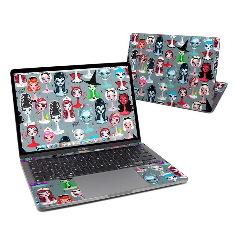 MacBook Pro 13-inch Skin design of Facial expression, Head, Design, Collection, Fictional character, Pattern, Skull, Illustration, Collage, Style with gray, white, red, blue, green, black, pink, purple colors