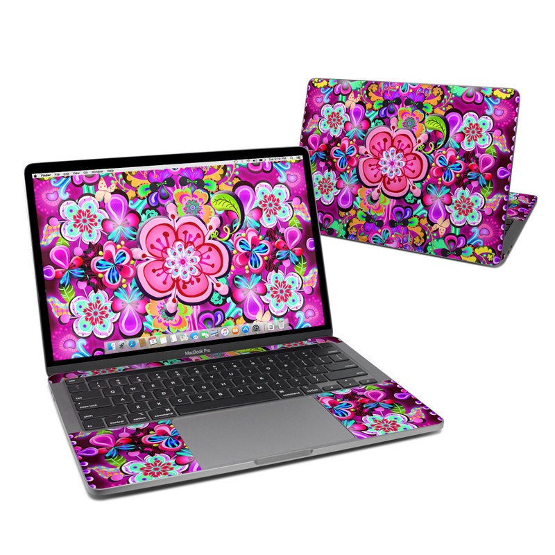 MacBook Pro 13-inch Skin design of Pattern, Pink, Design, Textile, Magenta, Art, Visual arts, Paisley with purple, black, red, gray, blue colors