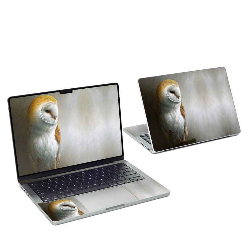 MacBook Pro 14-inch Skin design of Barn owl, Owl, Bird, Bird of prey, Beak, Wildlife, with yellow, white, orange, brown colors