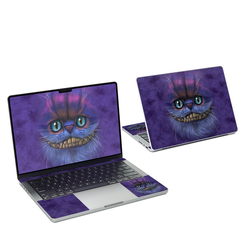MacBook Pro 14-inch Skin design of Cat, Whiskers, Felidae, Small to medium-sized cats, Snout, Eye, Illustration, Ojos azules, Black cat, Carnivore, with purple, blue colors