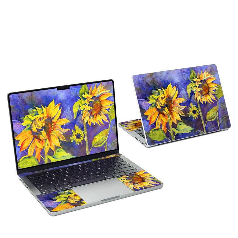 MacBook Pro 14-inch Skin design of Flower, Sunflower, Painting, sunflower, Watercolor paint, Plant, Flowering plant, Yellow, Acrylic paint, Still life with green, black, blue, gray, red, orange colors