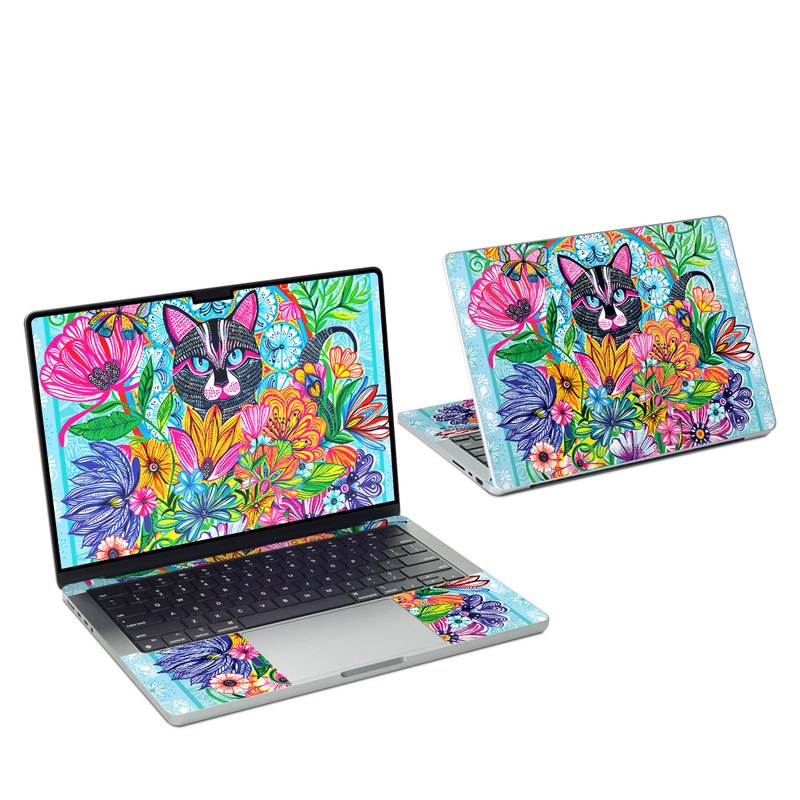 MacBook Pro 14-inch Skin design of Visual arts, Art, Plant, Illustration, Pattern, Floral design, Flower, Wildflower, with white, blue, pink, black, green, yellow colors