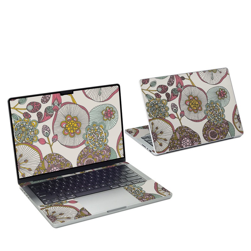 MacBook Pro 14-inch Skin design of Pattern, Textile, Botany, Visual arts, Motif, Design, Needlework, Circle, Floral design, with gray, pink, green, blue, purple colors