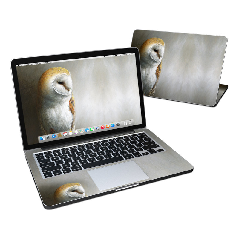 MacBook Pro 13-inch 2012-2016 Retina Skin design of Barn owl, Owl, Bird, Bird of prey, Beak, Wildlife, with yellow, white, orange, brown colors