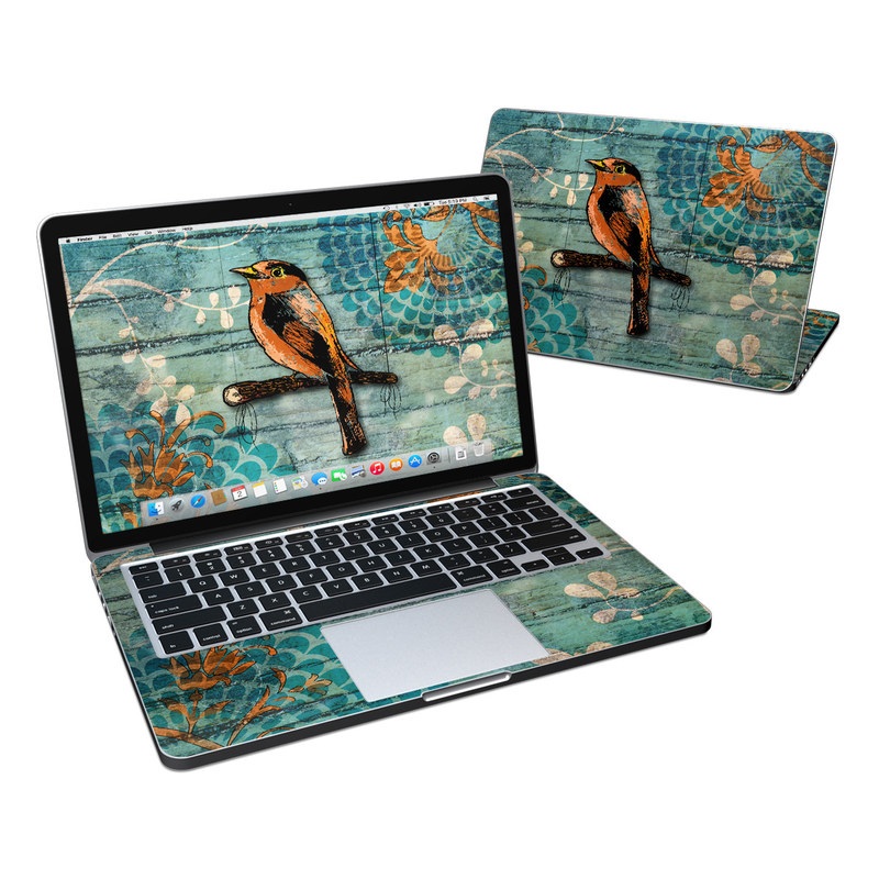 MacBook Pro 13-inch 2012-2016 Retina Skin design of Bird, Turquoise, Painting, Art, Coraciiformes, Branch, Beak, Wildlife, Perching bird, Illustration, with black, blue, gray, green, red colors