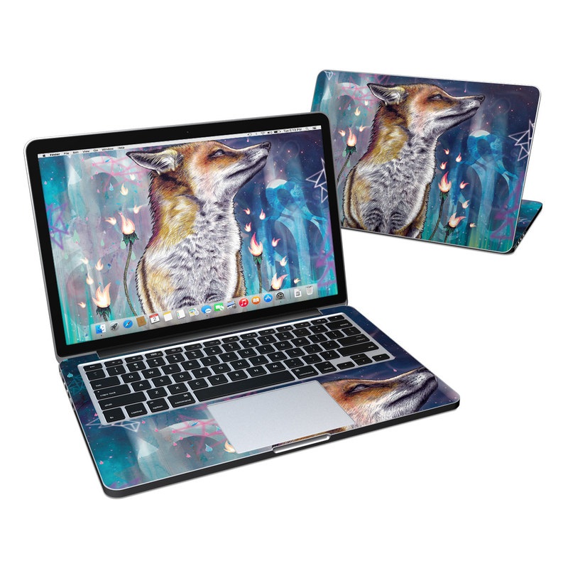 MacBook Pro 13-inch 2012-2016 Retina Skin design of Red fox, Art, Wildlife, Canidae, Illustration, Fox, Carnivore, Painting, Dhole, Red wolf, with black, gray, blue, red, green colors