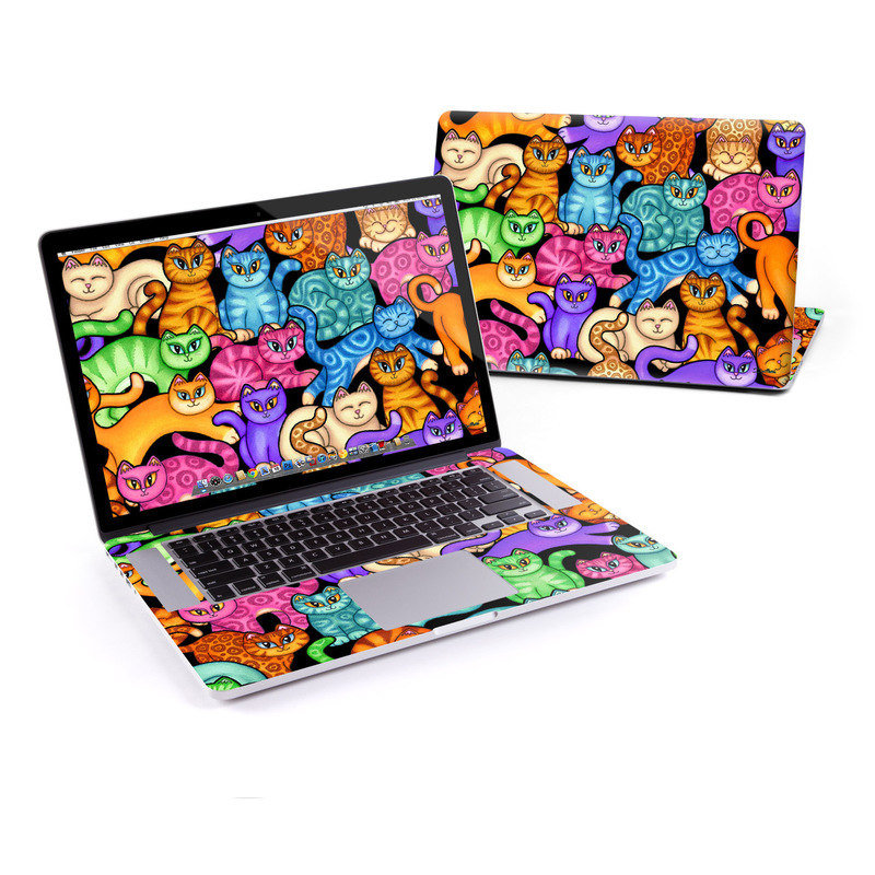 MacBook Pro Pre 2016 Retina 15-inch Skin design of Cat, Cartoon, Felidae, Organism, Small to medium-sized cats, Illustration, Animated cartoon, Wildlife, Kitten, Art, with black, blue, red, purple, green, brown colors