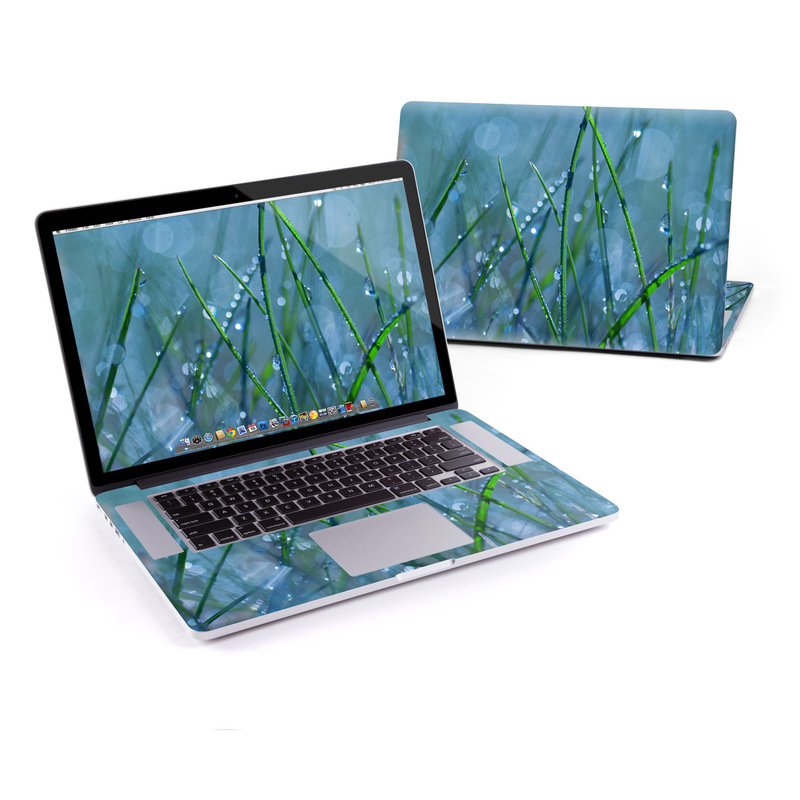 MacBook Pro Pre 2016 Retina 15-inch Skin design of Moisture, Dew, Water, Green, Grass, Plant, Drop, Grass family, Macro photography, Close-up with blue, black, green, gray colors