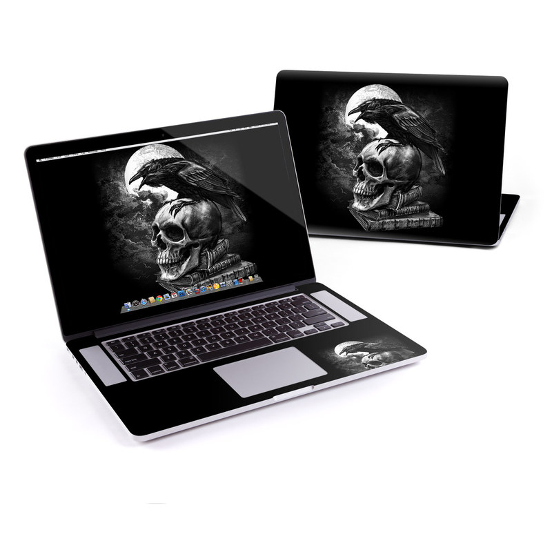 MacBook Pro Pre 2016 Retina 15-inch Skin design of Bone, Skull, Bird, Darkness, Monochrome, Wing, Black-and-white, Illustration, Beak, Fictional Character, Drawing, Symbol with black, white, gray colors