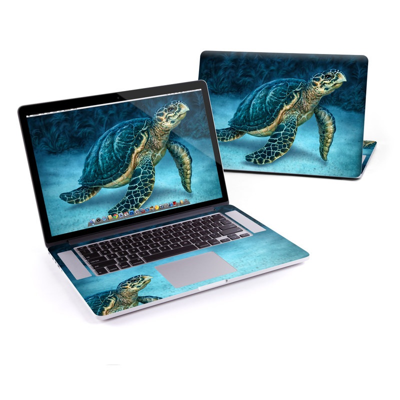 MacBook Pro Pre 2016 Retina 15-inch Skin design of Water, Nature, Organism, Reptile, Turtle, Hawksbill sea turtle, Underwater, Wildlife, Sea turtle, Reef with green, gray, blue, white colors