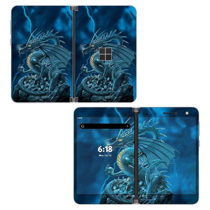Microsoft Surface Duo Skin design of Cg artwork, Dragon, Mythology, Fictional character, Illustration, Mythical creature, Art, Demon, with blue, yellow colors