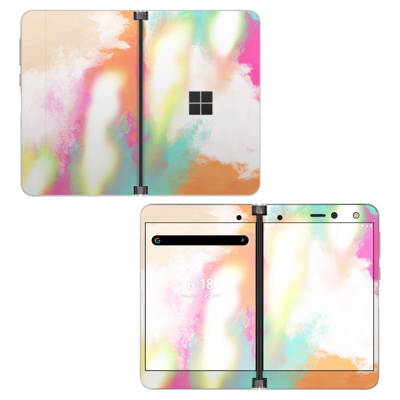 Microsoft Surface Duo Skin design of Sky, Yellow, Orange, Pink, Art, Illustration, Visual Arts, Pattern, Colorfulness, Watercolor Paint, with white, pink, orange, yellow, blue, brown colors