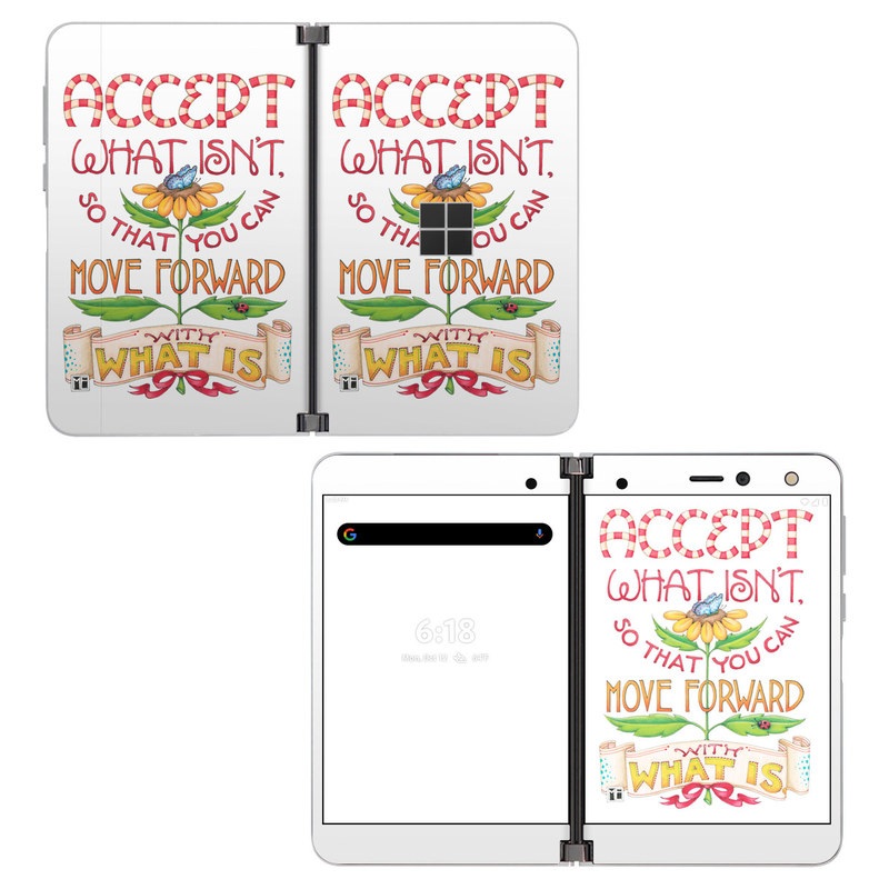 Microsoft Surface Duo Skin design of Butterfly, Sun-Flower, Leaves, with white, red, green, brown, yellow, blue, orange, black colors
