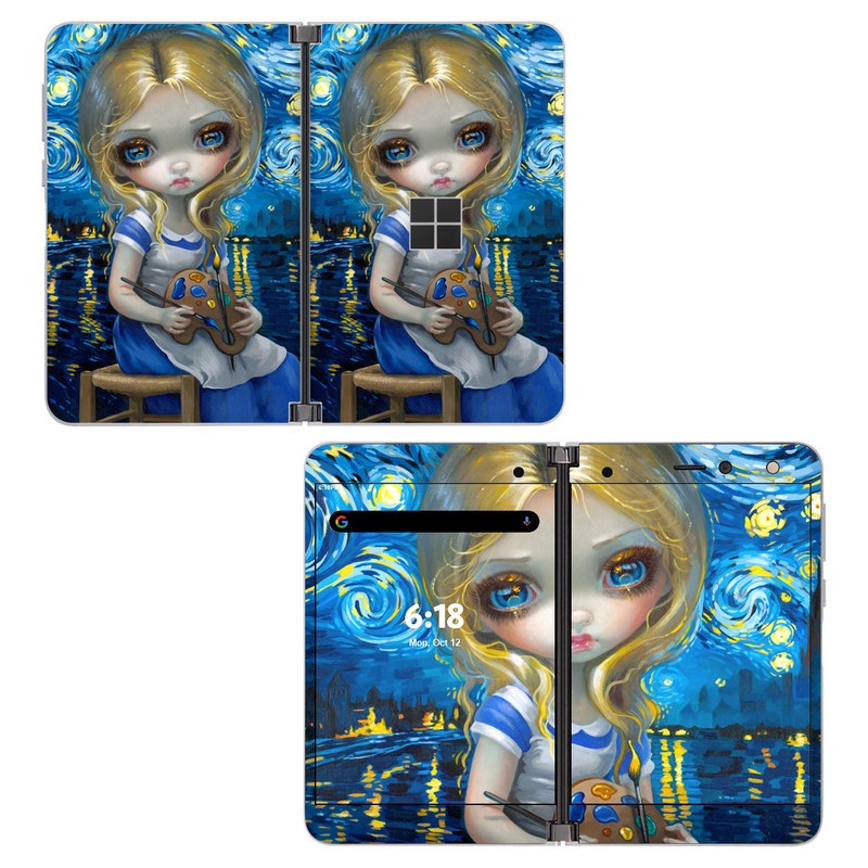 Microsoft Surface Duo Skin design of Blue, Illustration, Cg artwork, Doll, Art, Acrylic paint, Painting, Toy, Fictional character, Visual arts, with blue, yellow, white, brown, red colors