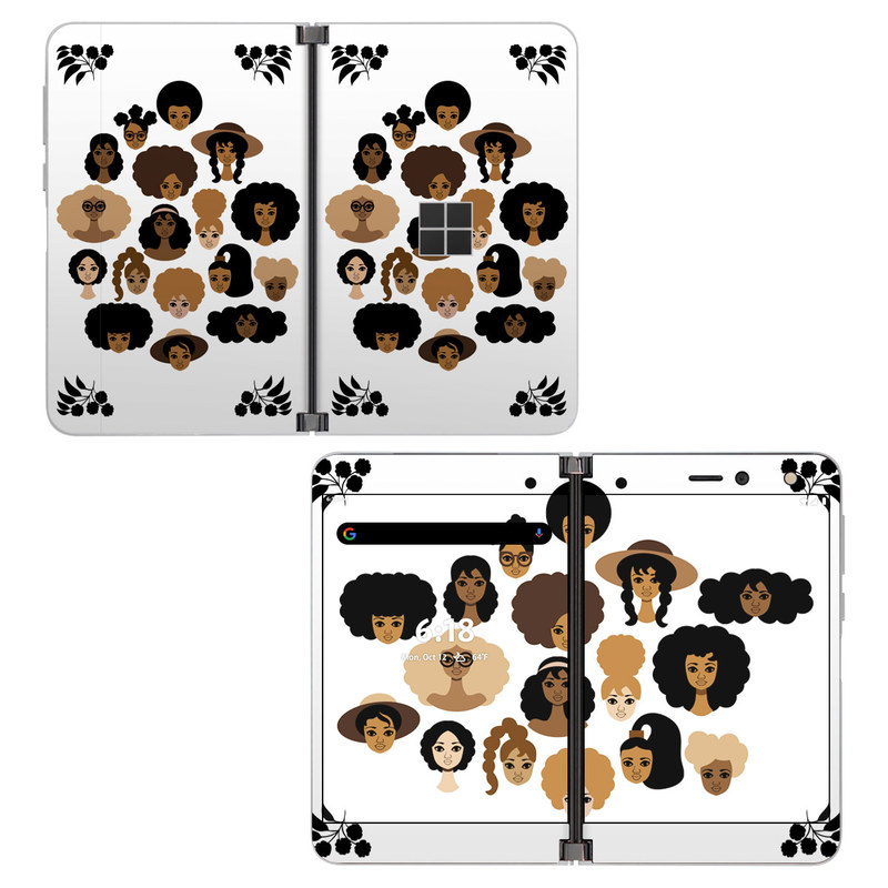 Microsoft Surface Duo Skin design of Hair, People, Facial expression, Hairstyle, Cartoon, Head, Afro, Clip art, Font, Black hair, with black, brown, white colors