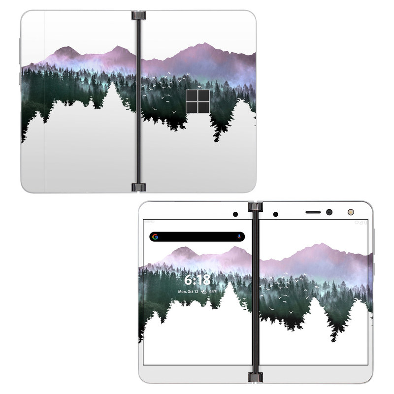 Microsoft Surface Duo Skin design of Nature, Mountainous landforms, Mountain, Atmospheric phenomenon, Tree, Wilderness, Sky, Mountain range, Forest, Hill, with white, black, purple, blue, green colors