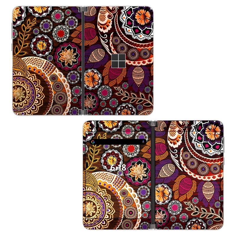 Microsoft Surface Duo Skin design of Pattern, Motif, Visual arts, Design, Art, Floral design, Textile, Paisley, Tapestry, Circle, with brown, purple, red, white, black colors