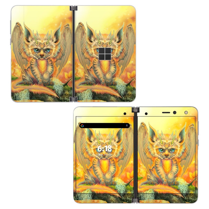 Microsoft Surface Duo Skin design of Nature, Mammal, Art, Fawn, Owl, Illustration, Tail, Fictional character, Visual arts, Terrestrial animal, with yellow, orange, green, white, black colors