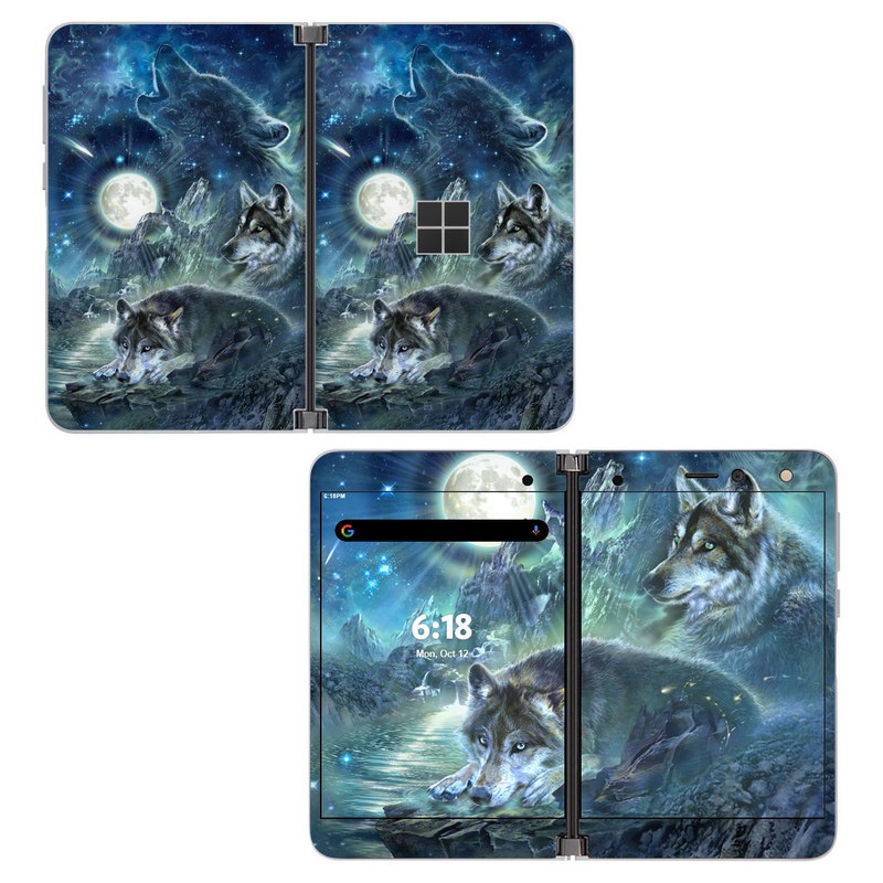 Microsoft Surface Duo Skin design of Cg artwork, Fictional character, Darkness, Werewolf, Illustration, Wolf, Mythical creature, Graphic design, Dragon, Mythology, with black, blue, gray, white colors