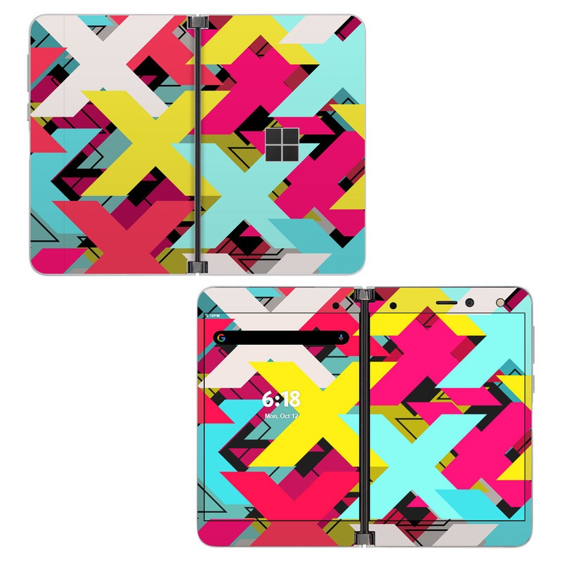 Microsoft Surface Duo Skin design of Pattern, Graphic design, Line, Design, Triangle, Font, Illustration, Magenta, Visual arts, with yellow, blue, white, black, red, pink colors